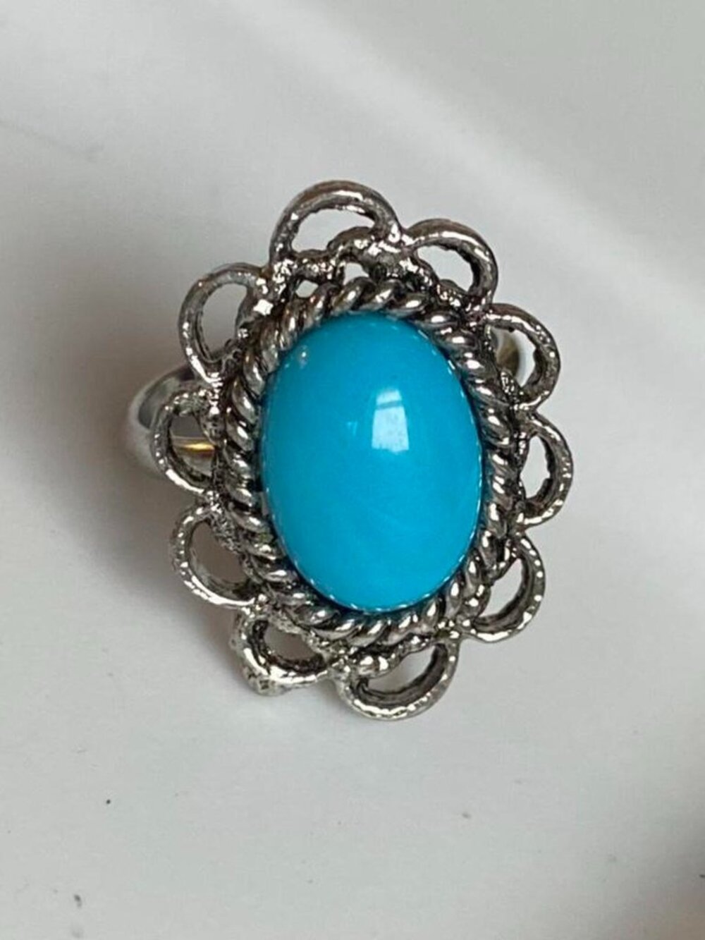 Vintage Adjustable Silver Tone Faux Turquoise Stone Ring Whimsigoth Boho Jewelry